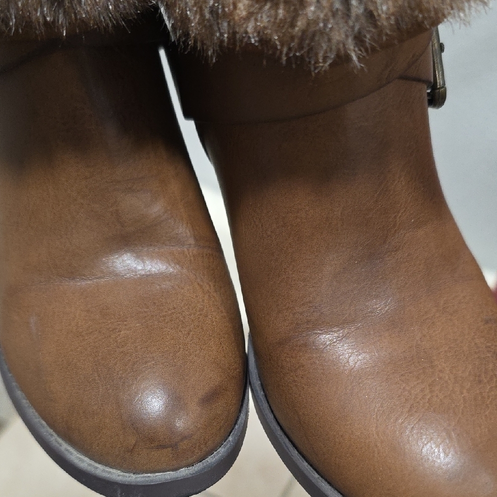 JustFab McKinley Brown Block 3 Inch Heel Boots with Faux Fur Cuff - Picture 14 of 15